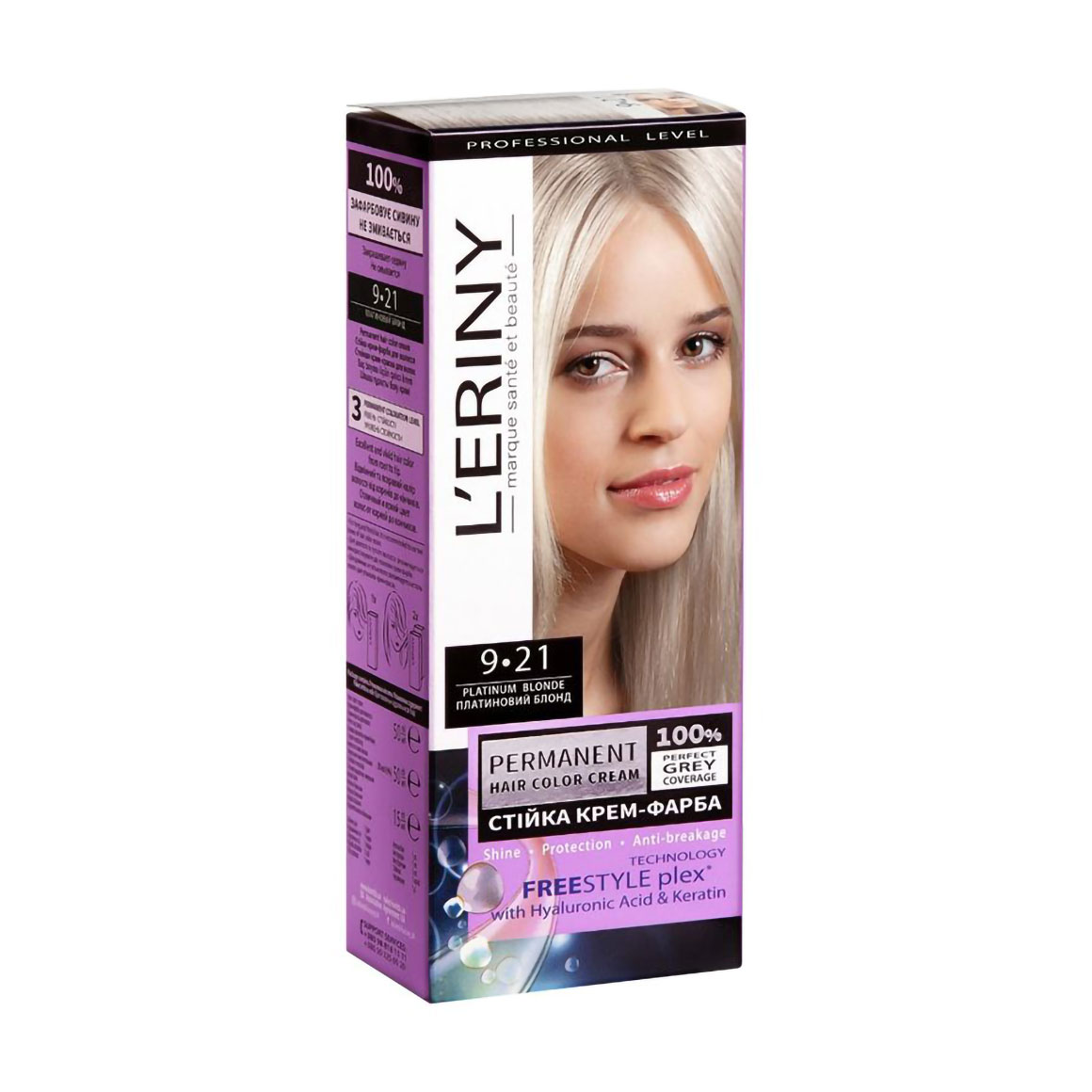 Стійка крем-фарба для волосся L'ERINY Permanent Hair Color Cream 9.21 Платиновий блонд, 115 мл